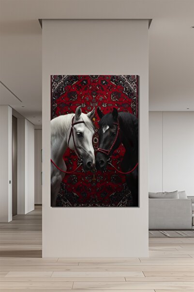 Mythog At Baskılı Cam Tablo – Siyah Beyaz Atlar ve Kırmızı Halı Desenli Dekor...