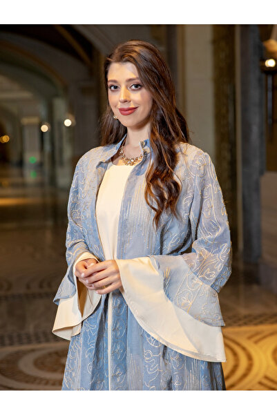 Greneric Light Blue Abaya with Gold Embroidery & Belt, Two-Piece Modest Dress...