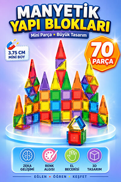 YILDIRIM OYUNCAK Eğitici Manyetik Yapı Blokları 70 Parça 3,75 cm – STEAM Zeka...