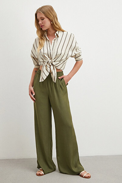 Never more Παντελόνι με ελαστική μέση και φαρδύ πόδι χακί