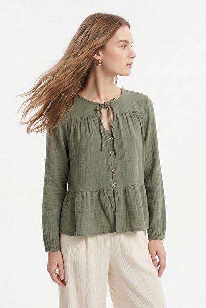 Rays Χακί Μπλούζα με Κουμπιά και Λεπτομέρεια Δεσίματος Μπροστά 4531A