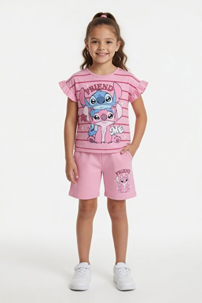 Cansın Mini Light Pink Striped Character Printed Ruffled Girls' Shorts 2-Piec...