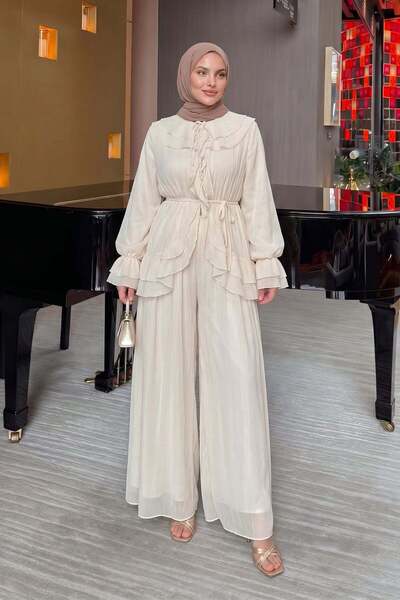 Salih Çelebi Ruffled Premium Chiffon Set 266031 - Cream
