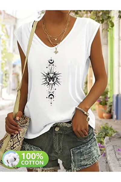 PAVRO Γυναικείο μπλουζάκι με άνετη εφαρμογή και λαιμόκοψη V, με μικτό εμπριμέ...