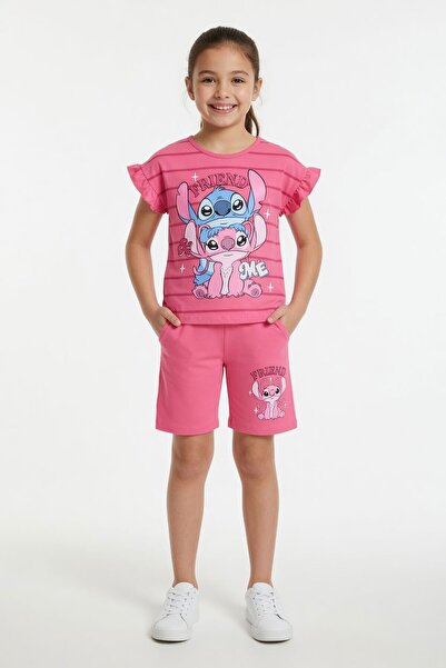 Cansın Mini Pink Striped Character Printed Ruffled Girls' Shorts 2-Piece Set ...