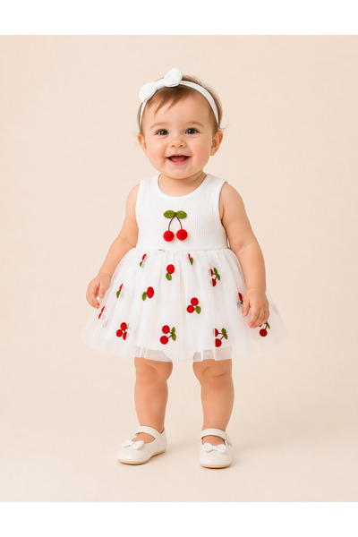 PonçiKids 🍒 %100 Pamuk Kiraz Nakışlı Tüllü Kız Bebek Elbisesi – Beyaz Zarif ...