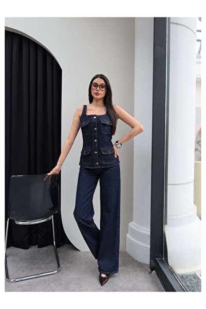 ESRAHELVACI Denim Square Collar Vest Set