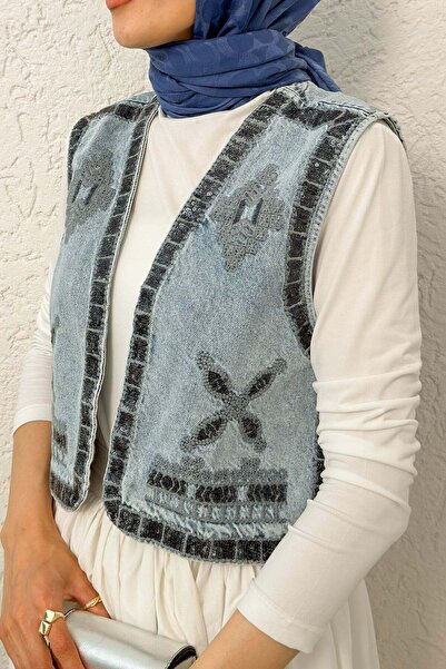 Salih Çelebi Τζιν γιλέκο με κέντημα από πούλιες 92030 - ΜΠΛΕ