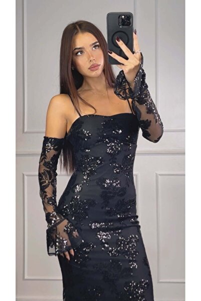 ADAMODA.RO Κομψό μακρύ φόρεμα από τούλι διακοσμημένο με πούλιες