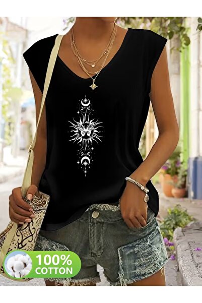 PAVRO Γυναικείο μπλουζάκι με άνετη εφαρμογή και λαιμόκοψη V, με μικτό εμπριμέ...