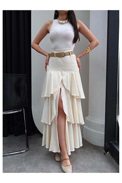 ESRAHELVACI Φούστα με ζώνη, μπροστινό σκίσιμο και βολάν