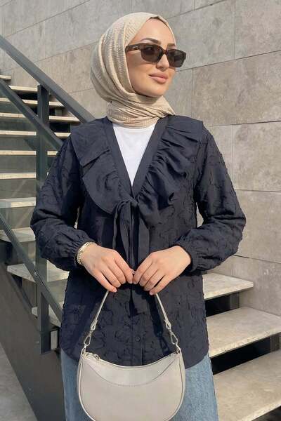 Salih Çelebi Κιμονό με βολάν στο γιακά Y0110 - ΣΚΟΥΡΟ ΜΠΛΕ