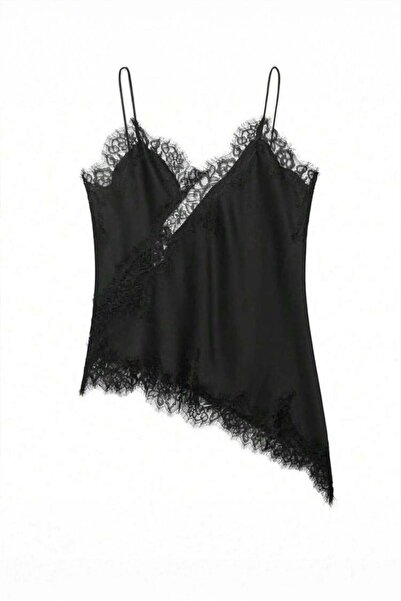 Köstebek Μαύρο ασύμμετρο κομμένο vintage δαντελένιο crop με λεπτομέρεια Y2K κ...