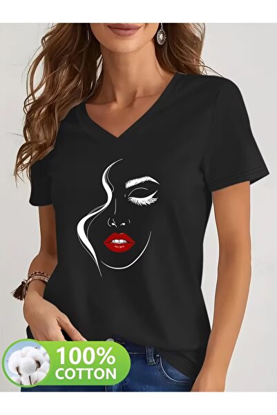 PAVRO Γυναικείο μπλουζάκι με άνετη εφαρμογή και λαιμόκοψη V, με μικτό εμπριμέ...