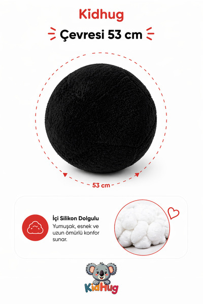 KidHug Siyah Peluş Futbol Topu – Yumuşak Silikon Dolgulu - Yetişkin - Çocuk O...
