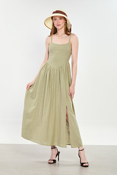 BARRELS AND OIL Γυναικείο μακρύ φόρεμα με πλισέ και λουράκια - Ελιά