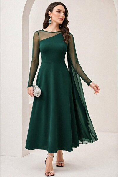 JANES Γυναικείο μακρυμάνικο φόρεμα από τούλι με λεπτομέρεια με μισό ζιβάγκο S...