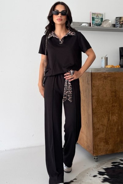 Ded COLLECTION Women's Short Sleeve Modern Modal Set with Leopard Collar and Belt Detail