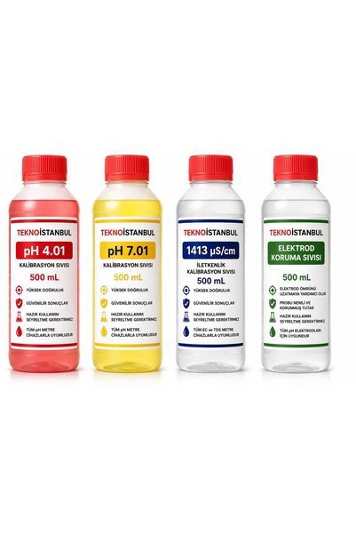 teknoistanbul pH 4.01 - pH 7.01 - Elektrod Koruma - 1413 µS/cm İletkenlik Kalibrasyon Sıvısı Seti 500 mL