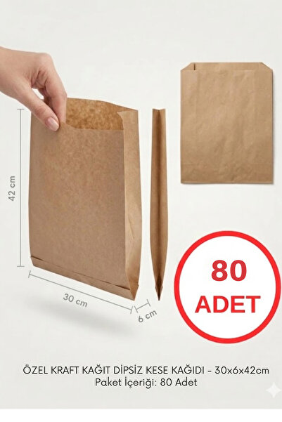 Lina Ticaret Pazarlama 80 Adet Kraft Kağıt Dipsiz Kese Kağıdı 30x6x42 cm Gıda...