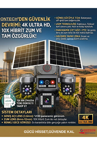ONTECH ON-S445 AOV 4 Kameralı E SİM Güneş Enerjili Sim Kartlı 4G Kamera