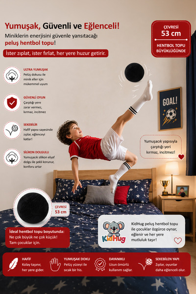 KidHug Siyah Peluş Futbol Topu – Yumuşak Silikon Dolgulu - Yetişkin - Çocuk O...
