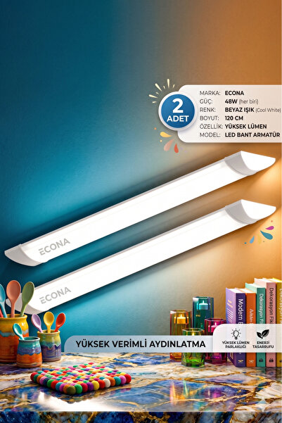 ECONA 2 ADET- 48W Led Bant Armatür 120 cm Beyaz Işık Yüksek Lümenli Sıva Üstü...