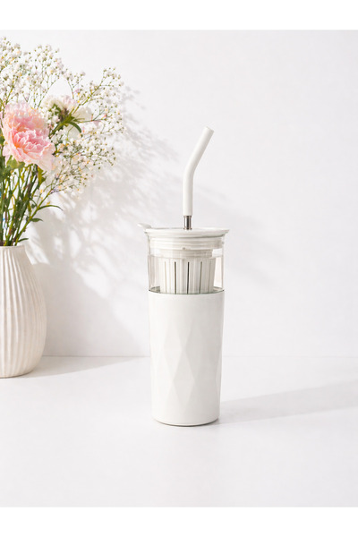 H2O Multi Termos Cam Detox Hazneli Kupa Çelik Pipetli 650 ml | Beyaz