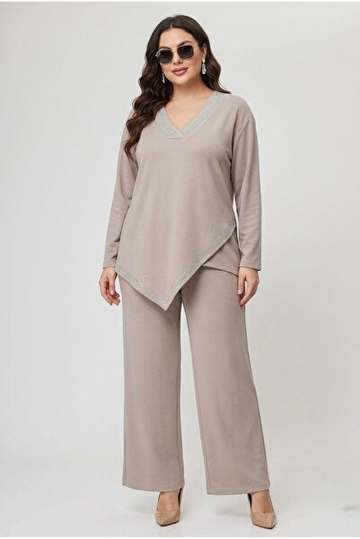 Koza Butik Γυναικείο Σετ Φόρμας Μεγάλου Μεγέθους με Τριών Τετάρτων Μανίκια, Α...