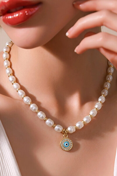 NBS Beautiful Naturel Stones İncili Nazarlı Gold Kadın Kolye