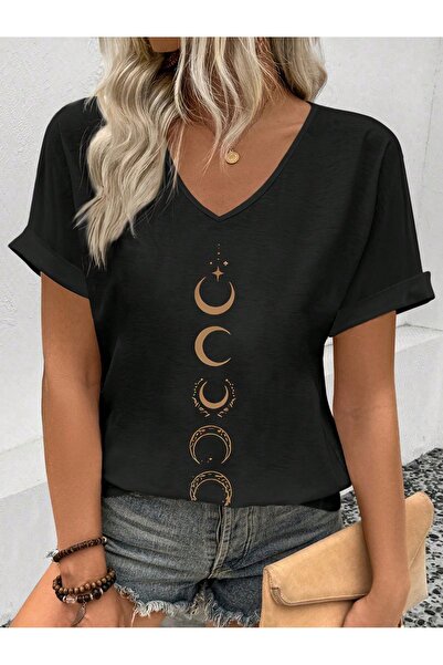 PAVRO Γυναικείο άνετο μπλουζάκι με λαιμόκοψη V και μικτό εμπριμέ σχέδιο