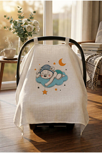 bebeqon %100 Müslin Bebek Puset Örtüsü Uyuyan Ayıcık Desenli Beyaz 70x110 cm
