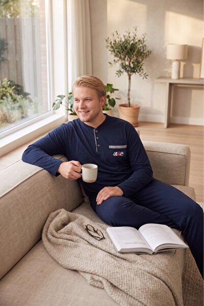 ALİMER Ανδρικό σετ πιτζάμες μεγάλου μεγέθους 3 κουμπιών από βαμβακερή λύκρα, ...