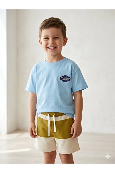 Motebarn Wear Boy's 2-Piece Knitted Set with Mustard Striped Shorts and Text ...