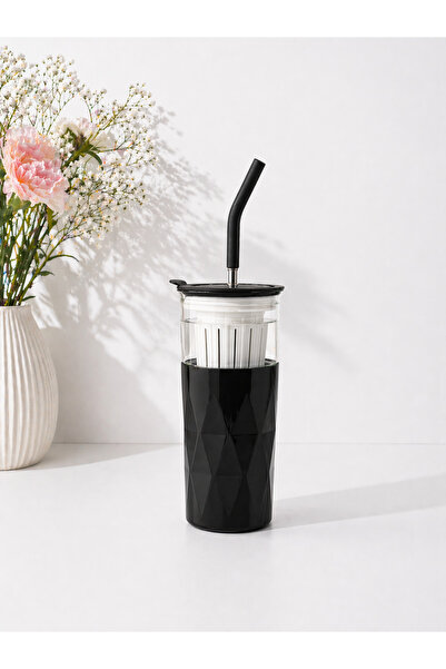 H2O Multi Fonksiyonel Cam Detox Hazneli Kupa Çelik Pipetli 650 ml | Siyah
