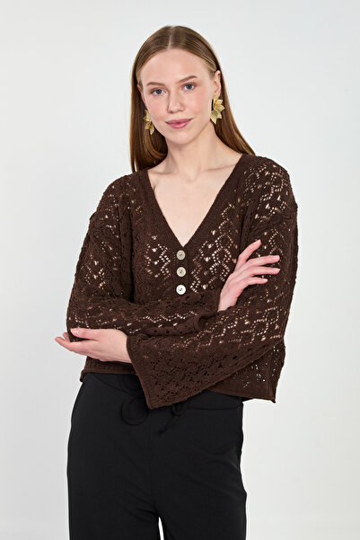 BARRELS AND OIL Γυναικεία διάτρητη ζακέτα με 5 κουμπιά - Καφέ Πικρό