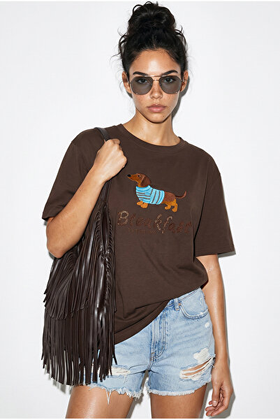 Bianco Lucci Γυναικείο T-Shirt Oversize με Κέντημα και Χάντρες στον Λαιμό 222...