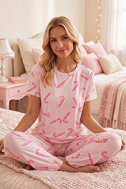 FİT WOMEN Baston Şeker Desenli Kısa Kollu Pijama Takımı 4594