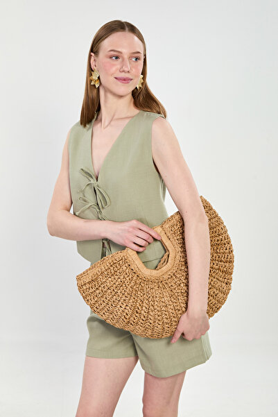 BARRELS AND OIL Γυναικείο λινό γιλέκο με δέσιμο μπροστά - Ελιά