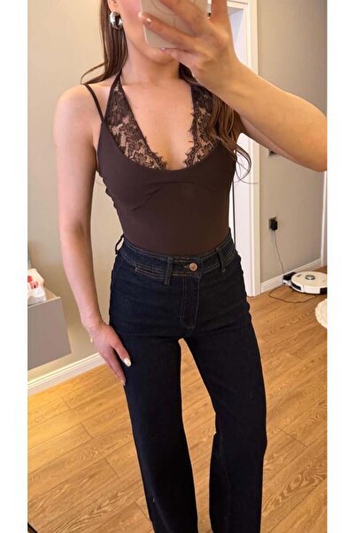 solena sln Γυναικείο καφέ κορμάκι με δαντέλα και τιράντες Yala