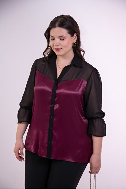 Roxxlen Γυναικείο πουκάμισο σιφόν σατέν μεγάλου μεγέθους 1122623