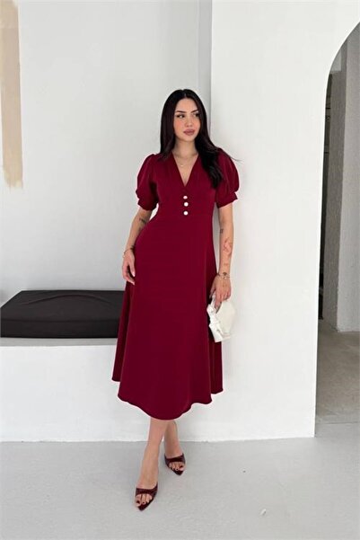 Dipmoda Γυναικείο μπορντό φόρεμα με λαιμόκοψη V, μήκους midi, με λεπτομέρειες...