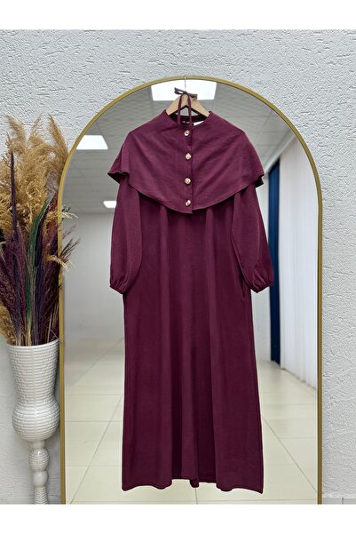 MİHRA STORE Φόρεμα Cupra με στολίδια και κουμπιά Anisa Pelerinli-NA2417 Βουργ...