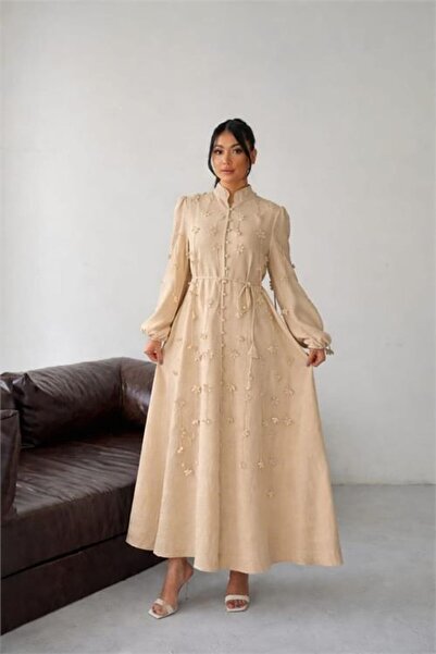 Dipmoda Γυναικείο μπεζ εισαγόμενο λινό ύφασμα με γιακά και λεπτομέρειες λουλο...