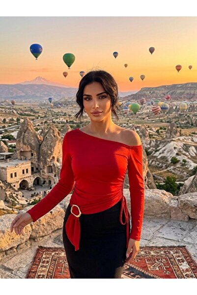 greymoda Μπλούζα με μακριά μανίκια, ασύμμετρο λαιμόκοψη, ντραπέ στο πλάι και ...