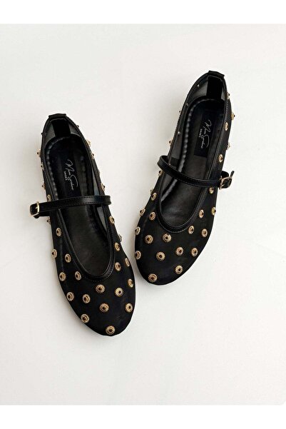 MERVE SARIDEMİR SHOES Siyah File Gold Zımbalı Babet
