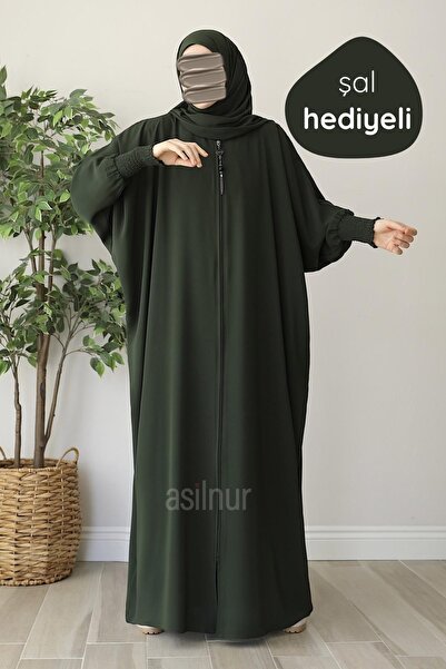 ASİLNUR Ebru Bat Sleeve Robe Shawl Gift Set Khaki