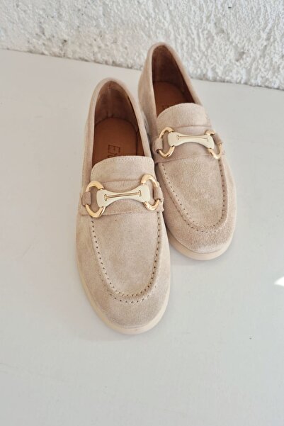 EREN SHOES BAG FABİO Бежови дамски мокасини от естествен велур с катарама, ан...