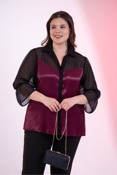 Roxxlen Women's Plus Size 1122623 Chiffon Satin Shirt