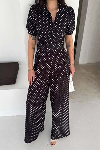 Dipmoda Γυναικεία ολόσωμη φόρμα με μαύρο πουά γιακά και ζώνη DPK4602